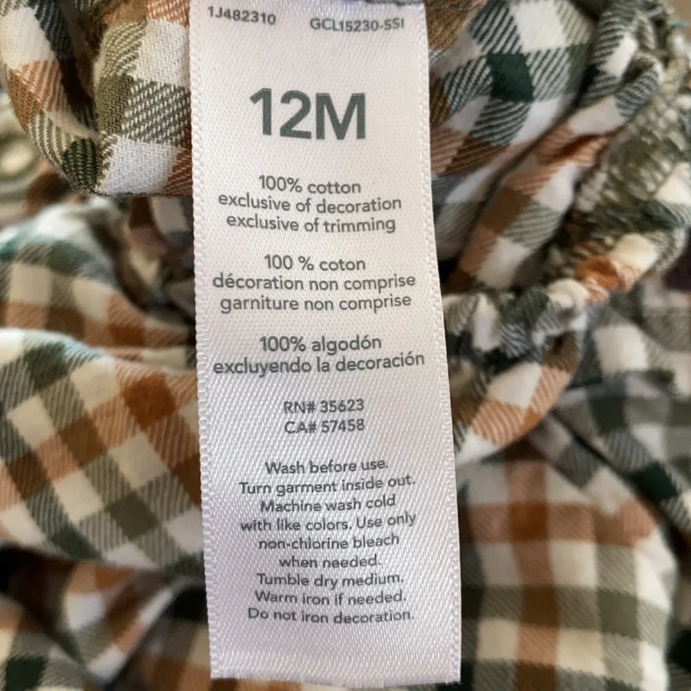Carter’s 2 pc outfit plaid flannel button & green pants 12M